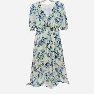 By the River Womens Tiered Midi Large Dress Cream Blue Floral Print Puff Sleeves